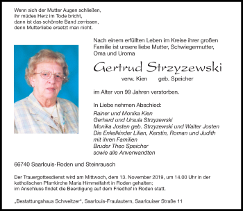Todesanzeige von Gertrud Strzyzewski von saarbruecker_zeitung