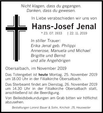 Todesanzeige von Hans-Josef Jenal von saarbruecker_zeitung