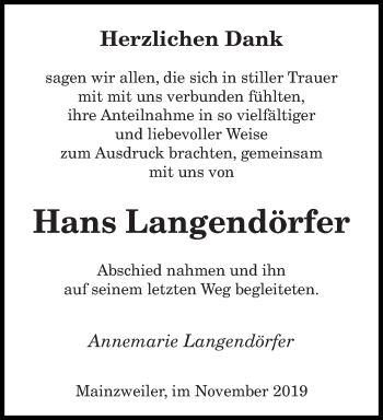 Todesanzeige von Hans Langendörfer von saarbruecker_zeitung