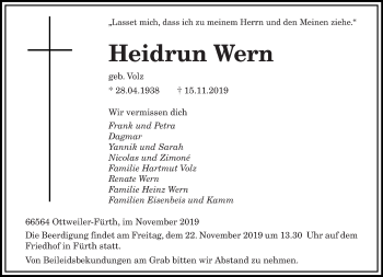 Todesanzeige von Heidrun Wern von saarbruecker_zeitung