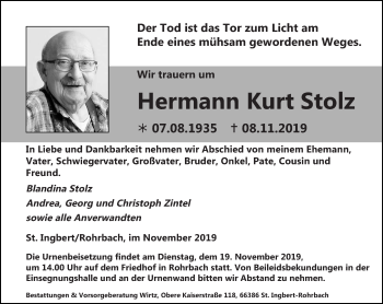 Todesanzeige von Hermann Kurt Stolz von saarbruecker_zeitung