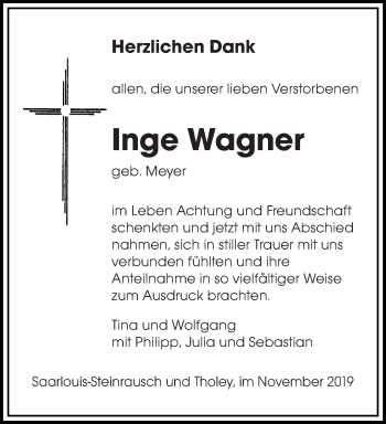 Todesanzeige von Inge Wagner von saarbruecker_zeitung