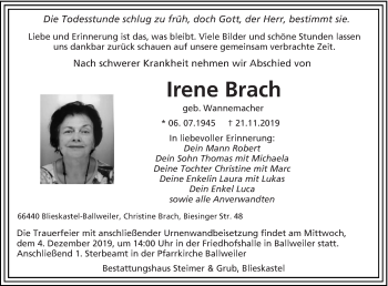Todesanzeige von Irene Brach von saarbruecker_zeitung