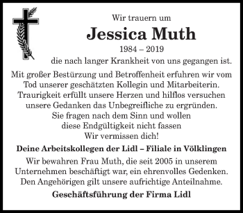 Todesanzeige von Jessica Muth von saarbruecker_zeitung