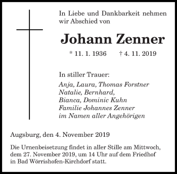 Todesanzeige von Johann Zenner von saarbruecker_zeitung