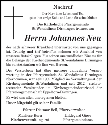 Todesanzeige von Johannes Neu von saarbruecker_zeitung