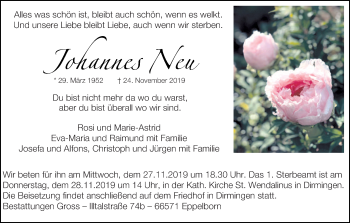 Todesanzeige von Johannes Neu von saarbruecker_zeitung