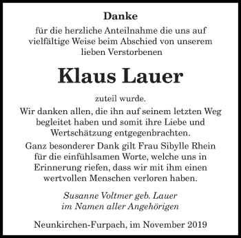 Todesanzeige von Klaus Lauer von saarbruecker_zeitung