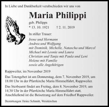 Todesanzeige von Maria Philippi von saarbruecker_zeitung