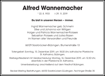Todesanzeige von Alfred Wannemacher von saarbruecker_zeitung