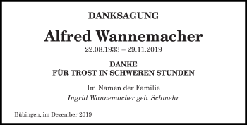 Todesanzeige von Alfred Wannemacher von saarbruecker_zeitung