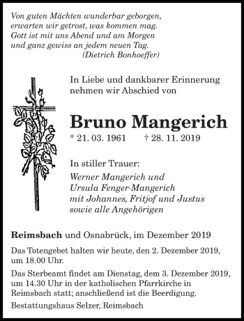 Todesanzeige von Bruno Mangerich von saarbruecker_zeitung