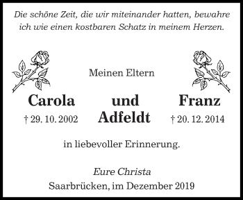 Todesanzeige von Carola und Franz Adfeldt von saarbruecker_zeitung