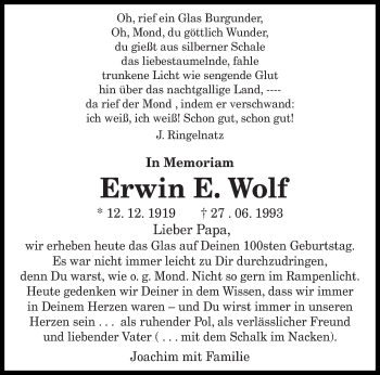 Todesanzeige von Erwin E. Wolf von saarbruecker_zeitung