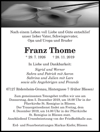 Todesanzeige von Franz Thome von saarbruecker_zeitung