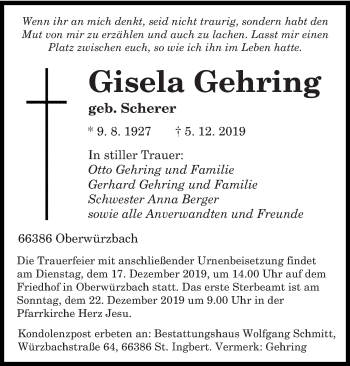 Todesanzeige von Gisela Gehring von saarbruecker_zeitung