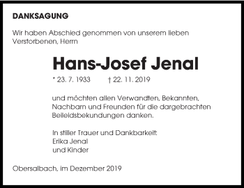 Todesanzeige von Hans-Josef Jenal von saarbruecker_zeitung