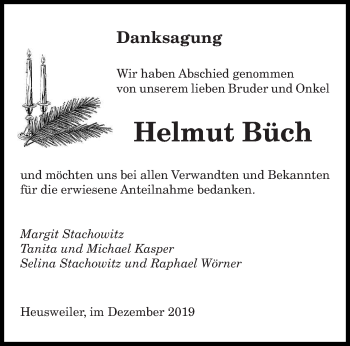Todesanzeige von Helmut Büch von saarbruecker_zeitung