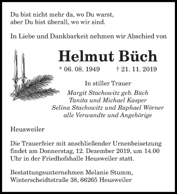 Todesanzeige von Helmut Büch von saarbruecker_zeitung