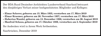 Todesanzeige von Im Gedenken Bund Deutscher Architekten Landesverband von saarbruecker_zeitung