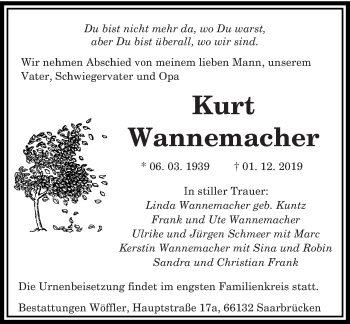 Todesanzeige von Kurt Wannemacher von saarbruecker_zeitung