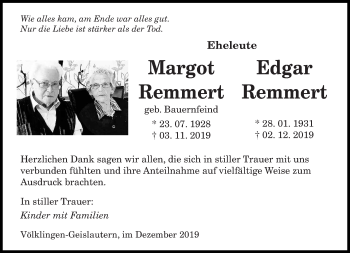 Todesanzeige von Margot und Edgar Remmert von saarbruecker_zeitung