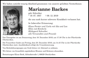 Todesanzeige von Marianne Backes von saarbruecker_zeitung