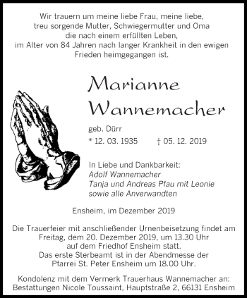 Todesanzeige von Marianne Wannemacher von saarbruecker_zeitung