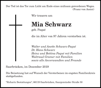 Todesanzeige von Mia Schwarz von saarbruecker_zeitung