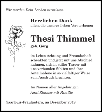 Todesanzeige von Thesi Thimmel von saarbruecker_zeitung