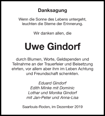Todesanzeige von Uwe Gindorf von saarbruecker_zeitung