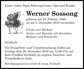 Todesanzeige von Werner Sossong von saarbruecker_zeitung
