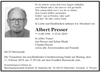Todesanzeige von Albert Presser von saarbruecker_zeitung