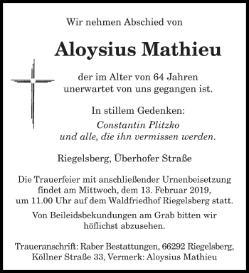 Todesanzeige von Aloysius Mathieu von saarbruecker_zeitung