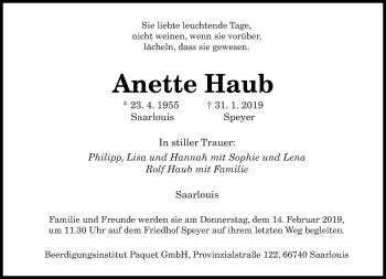 Todesanzeige von Anette Haub von saarbruecker_zeitung