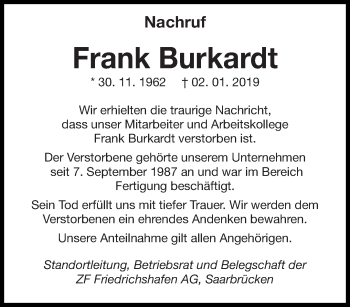 Todesanzeige von Frank Burkardt von saarbruecker_zeitung