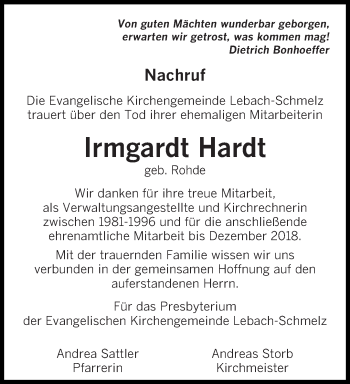 Todesanzeige von Irmgardt Hardt von saarbruecker_zeitung