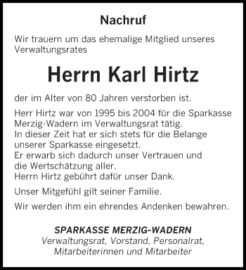 Todesanzeige von Karl Hirtz  von saarbruecker_zeitung