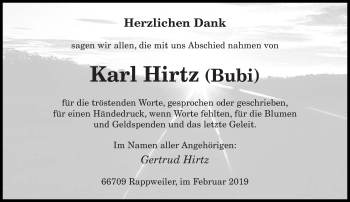 Todesanzeige von Karl Hirtz  von saarbruecker_zeitung