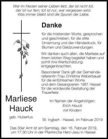 Todesanzeige von Marliese Hauck von saarbruecker_zeitung