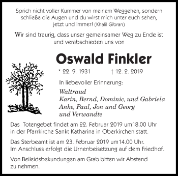 Todesanzeige von Oswald Finkler von saarbruecker_zeitung