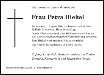 Todesanzeige von Petra Hiekel von saarbruecker_zeitung