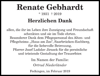 Todesanzeige von Renate Gebhardt von saarbruecker_zeitung