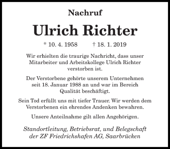 Todesanzeige von Ulrich Richter von saarbruecker_zeitung