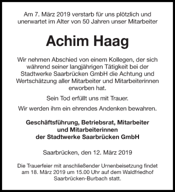 Todesanzeige von Achim Haag von saarbruecker_zeitung