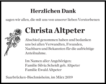 Todesanzeige von Christa Altpeter von saarbruecker_zeitung