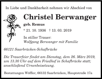 Todesanzeige von Christel Berwanger von saarbruecker_zeitung