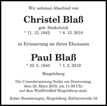 Todesanzeige von Christel und Paul Blaß von saarbruecker_zeitung