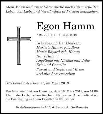 Todesanzeige von Egon Hamm von saarbruecker_zeitung