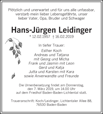 Todesanzeige von Hans-Jürgen Leidinger von saarbruecker_zeitung